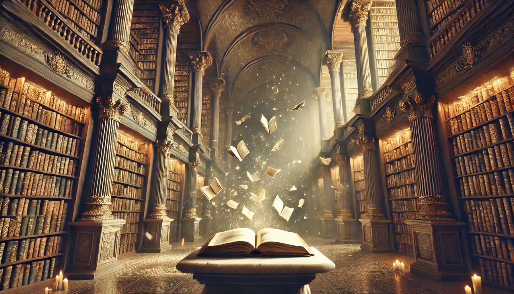 DALL·E 2024-10-29 15.23.33 - A mystical library scene with tall, towering shelves filled with books, illuminated by soft, warm light. In the center, a single, ancient book rests o